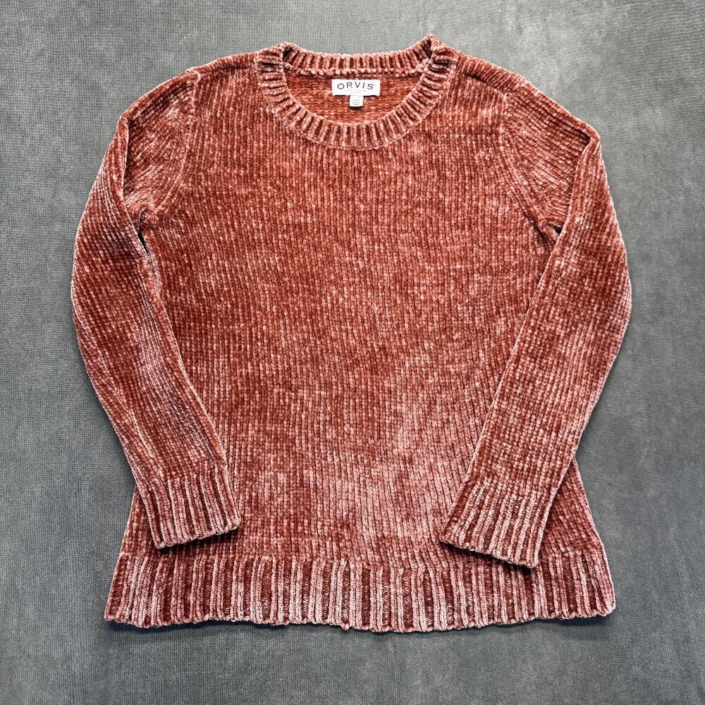 Orvis Velour Knit Crewneck Sweater Women’s Small Pink Chenille Cozy